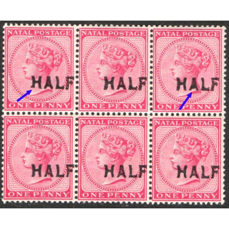 Natal Sg125 - HALF on 1d. rose Varieties Print errors MNH