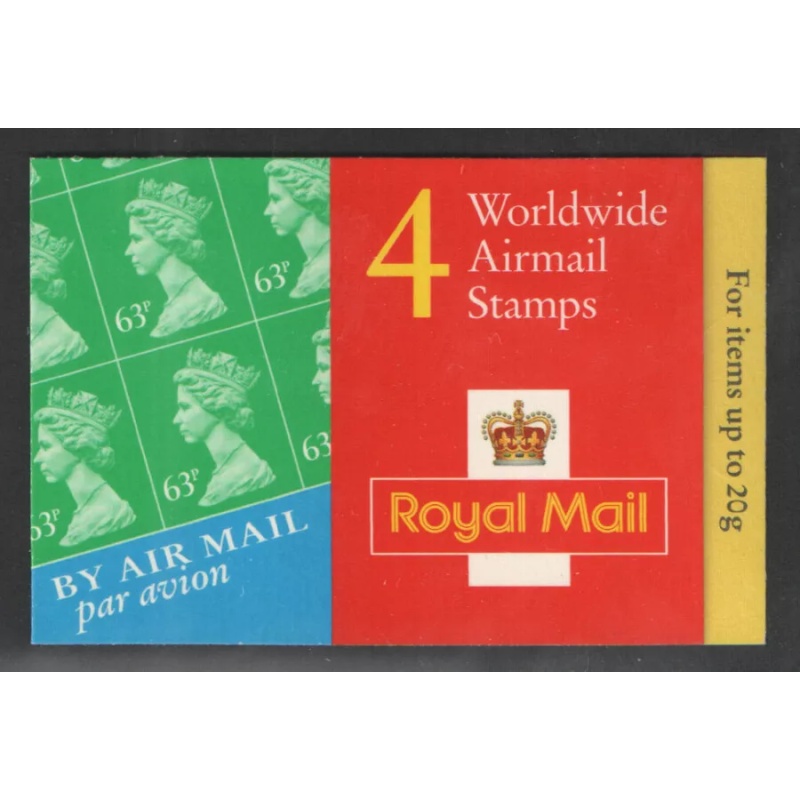 GR4 4 x Worldwide AirMail (63p) stamps Barcode booklet - Cylinder W1