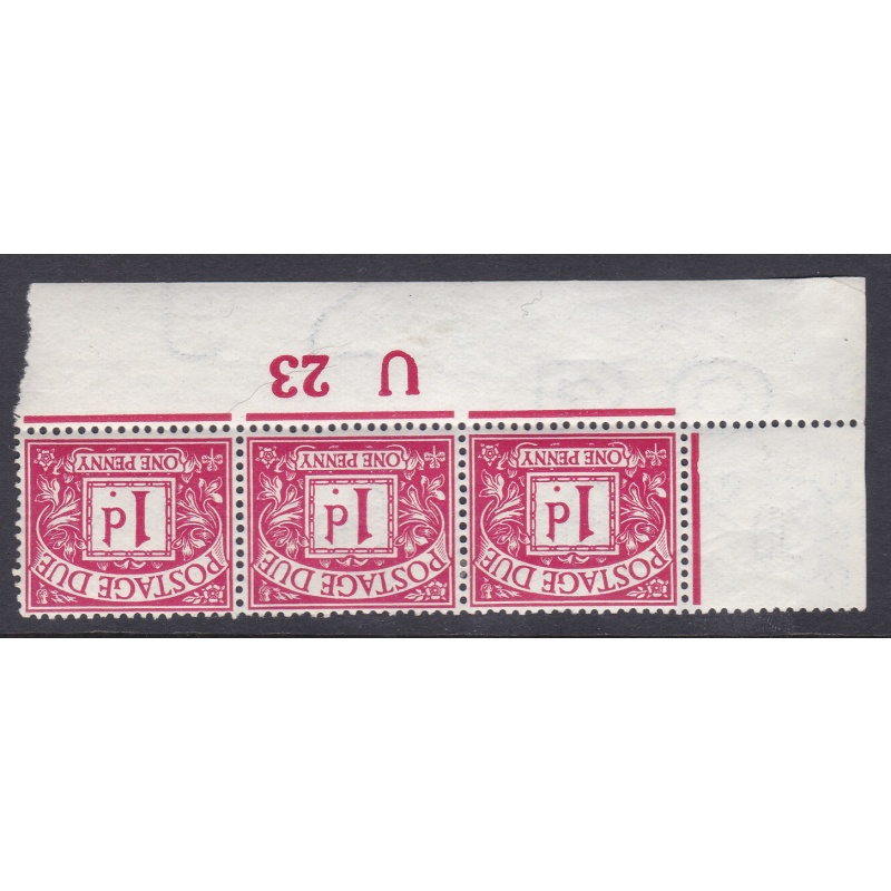 D2 1d Royal Cypher Postage due Control U23 strip of 3 imperf Wmk inv M M