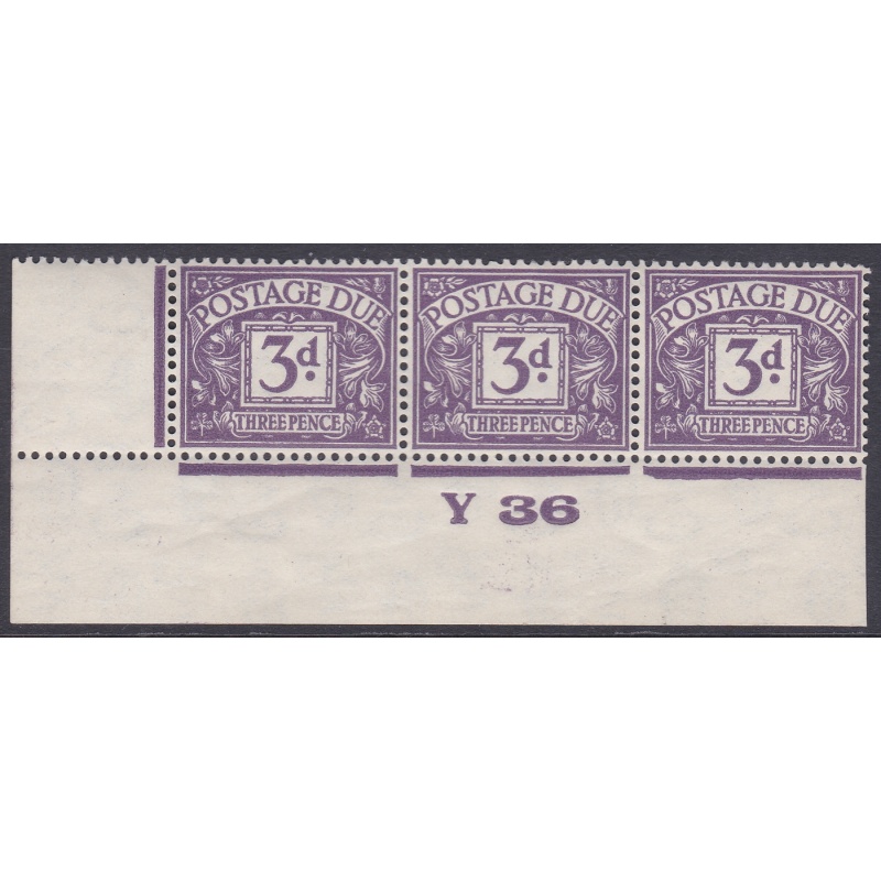 D14 3d Harrison Perf Postage due Control Y36 strip of 3 Imperf Mounted Margin