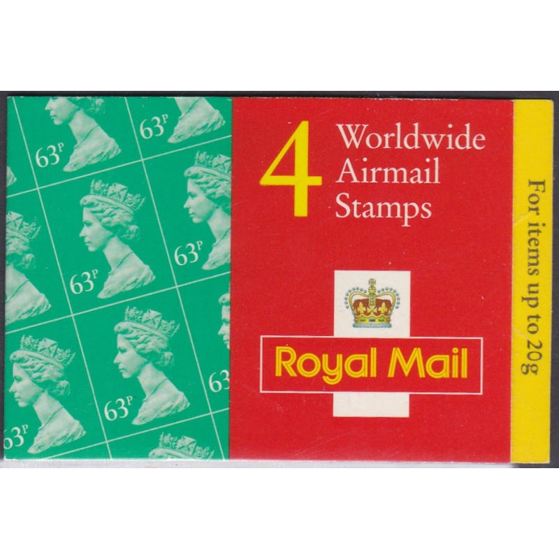 GR1 4 x Worldwide AirMail (63p) stamps Barcode booklet  - Cyl W1W1