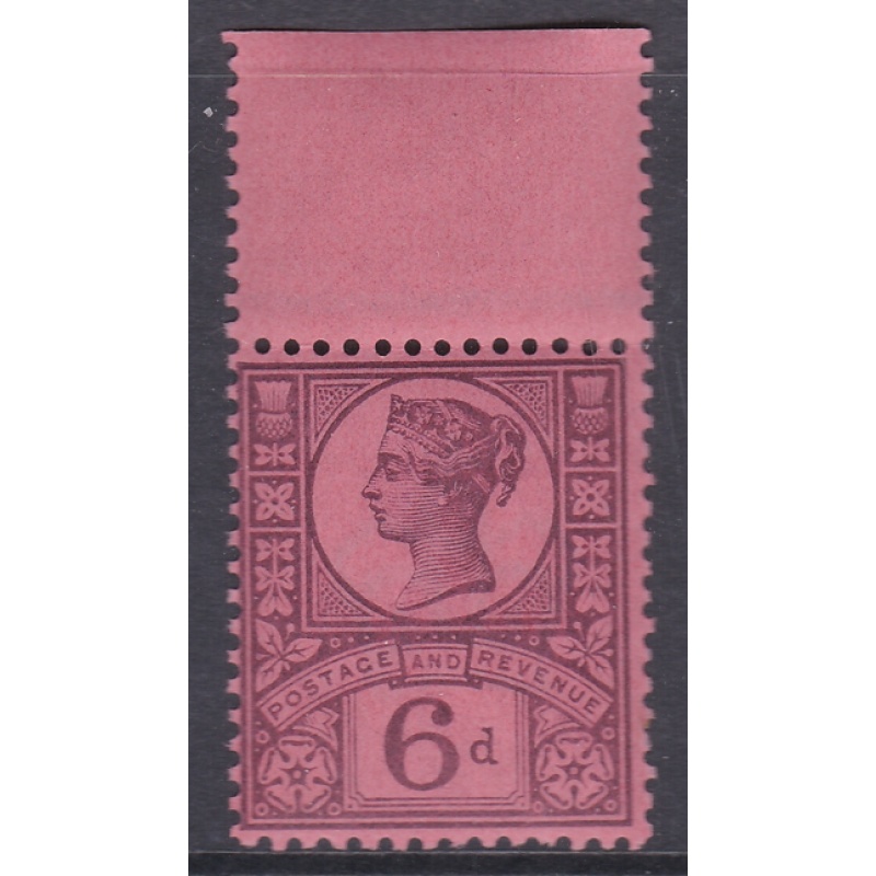 Sg 208 6d Purple on Rose Red Paper Jubilee top marginal 1st setting rule U M