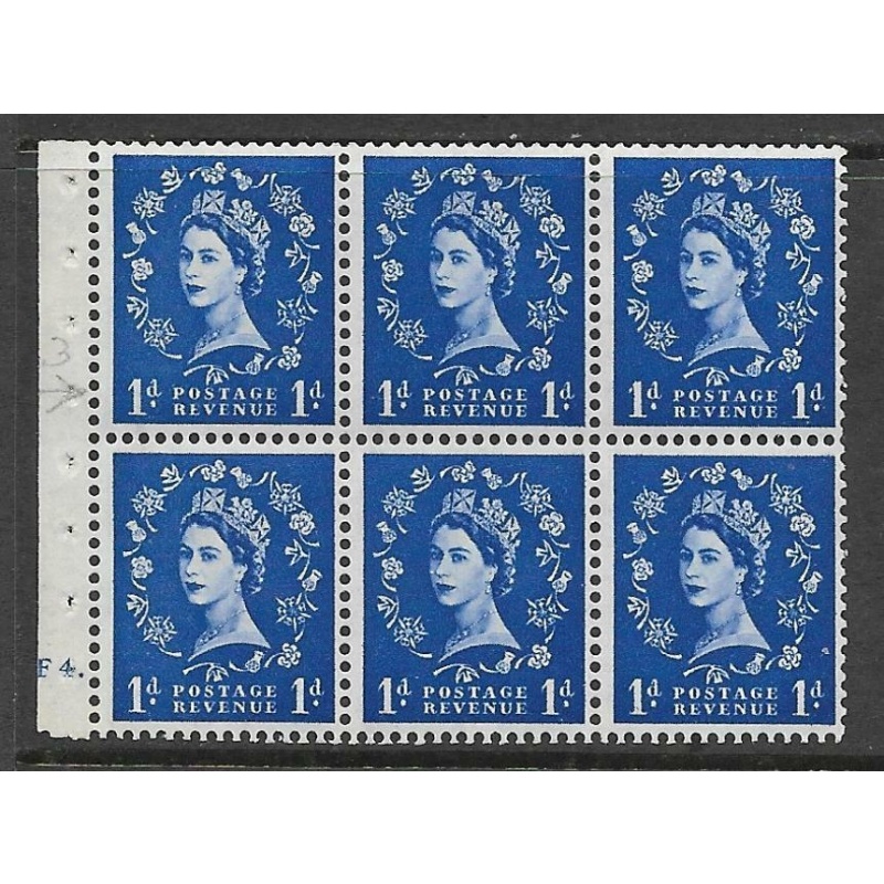 SB26 1d Wilding booklet pane cyl F4 Dot perf type Ie Bottom UNMOUNTED MNT