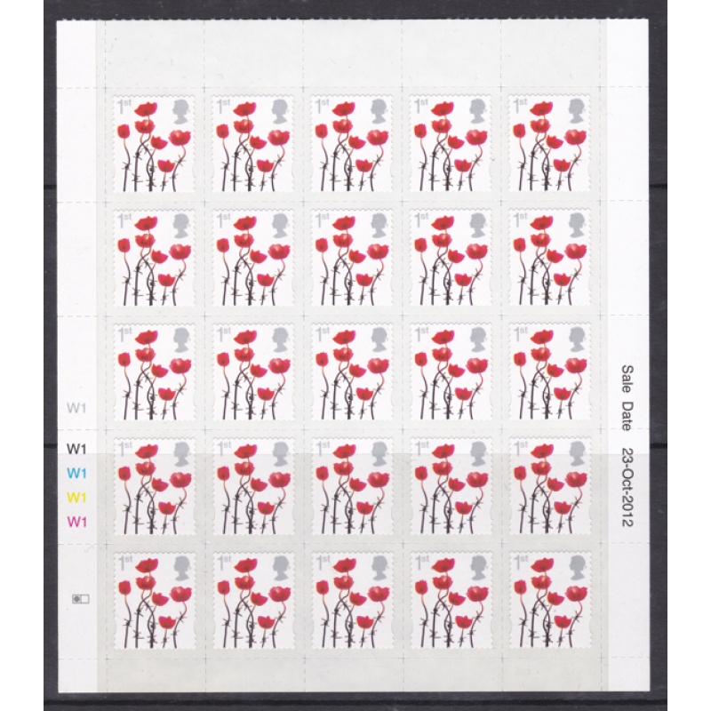 Sg3414 SILVER HEAD VALUE poppys 2 part sheet of 50 stamps self adhesive U M