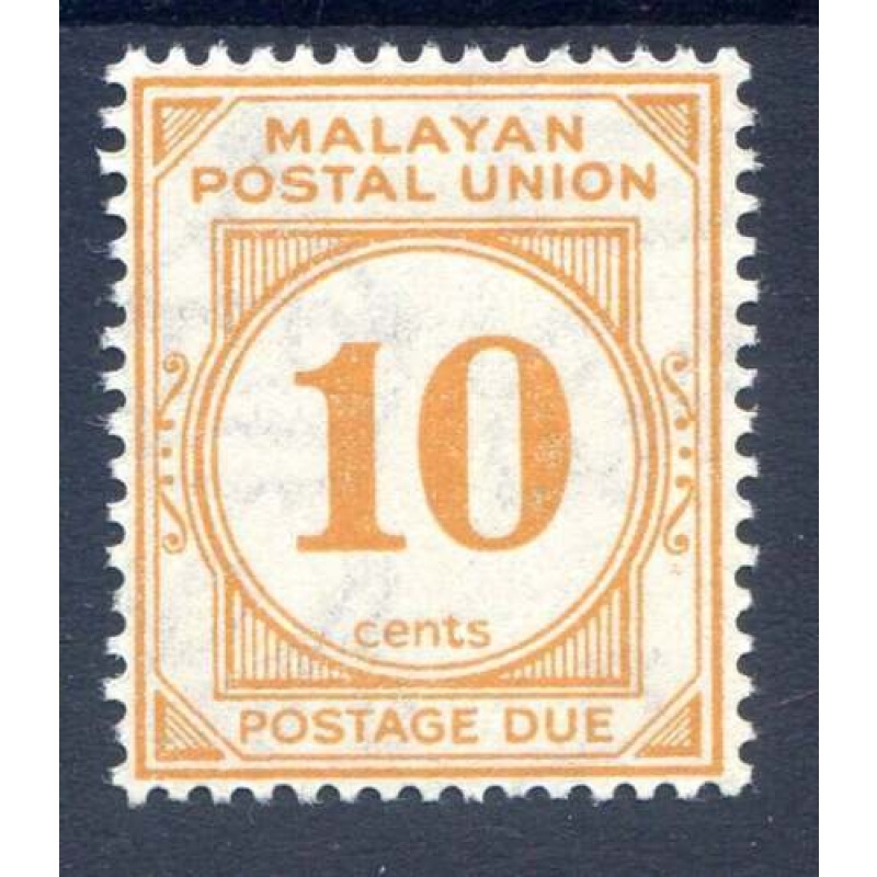 Malayan Postal Union 10c Yellow Orange Postage Due SGD4 Mounted Mint