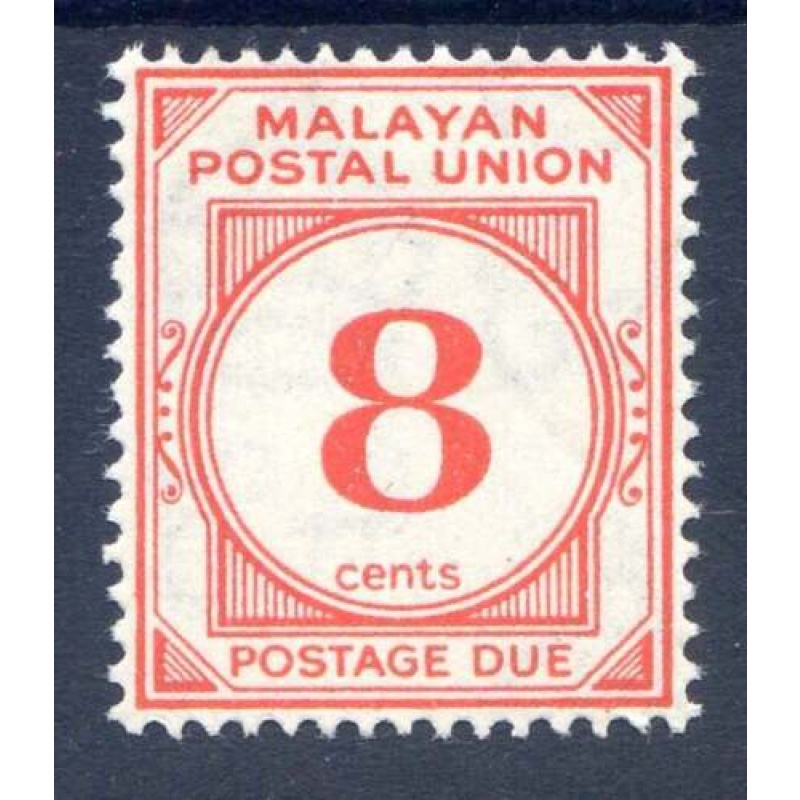 Malayan Postal Union 8c Scarlet Postage Due SGD3 Mounted Mint