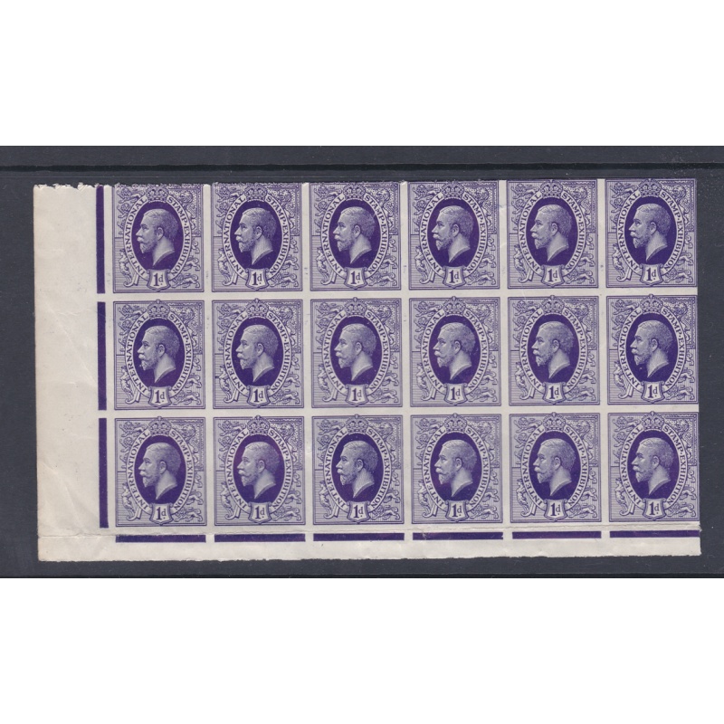 1912 1d George V Purple imperf International Stamp Exhibition Blck of 18 U M