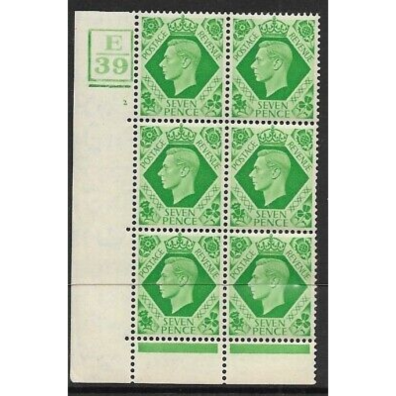 1939 7d Dark colours E39 2 No Dot 5 bar perf 6B(E P) block 6 UNMOUNTED MINT