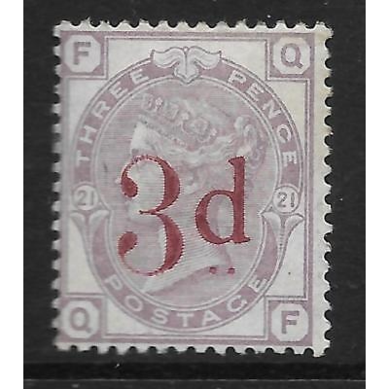 1880 - 1883 Sg 159 3d on 3d Lilac plate 21 Lettered Q-F UNMOUNTED MINT