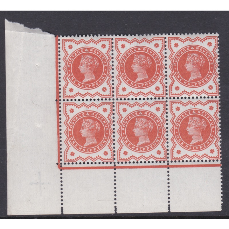 Sg197 K27(3) ½d Vermilion Block of 6 w/ doubled perfs at base UNMOUNTED MINT