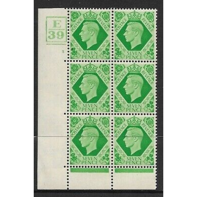 1939 7d Dark colours E39 3 No Dot 5 bar perf 6B(E P) block 6 UNMOUNTED MINT