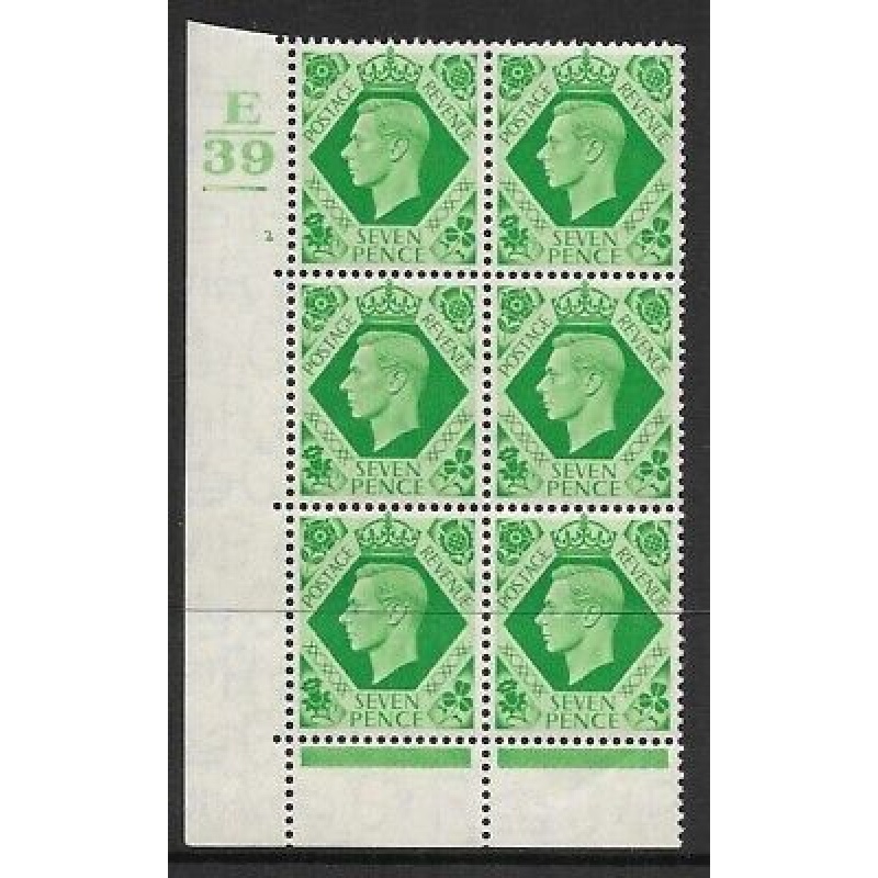 1939 7d Dark colours E39 2 No Dot 1 bar perf 6B(E P) block 6 UNMOUNTED MINT