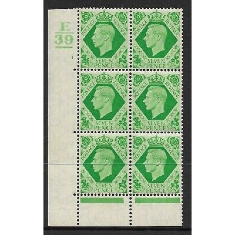 1939 7d Dark colours E39 1 No Dot 1 Bar perf 6B(E P) block 6 UNMOUNTED MINT