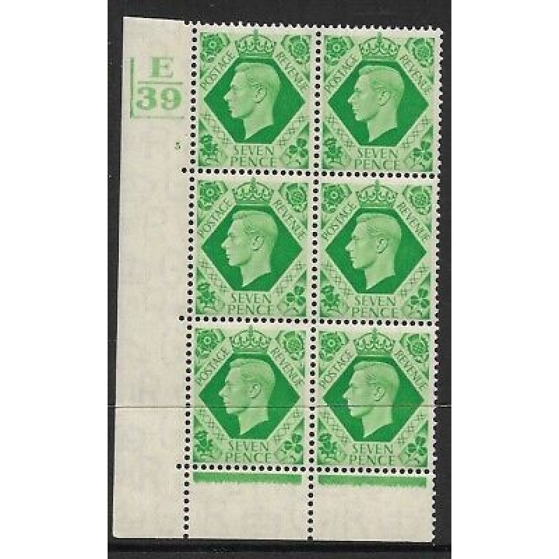 1939 7d Dark colours E39 3 No Dot 2 bar perf 6B(E P) block 6 UNMOUNTED MINT