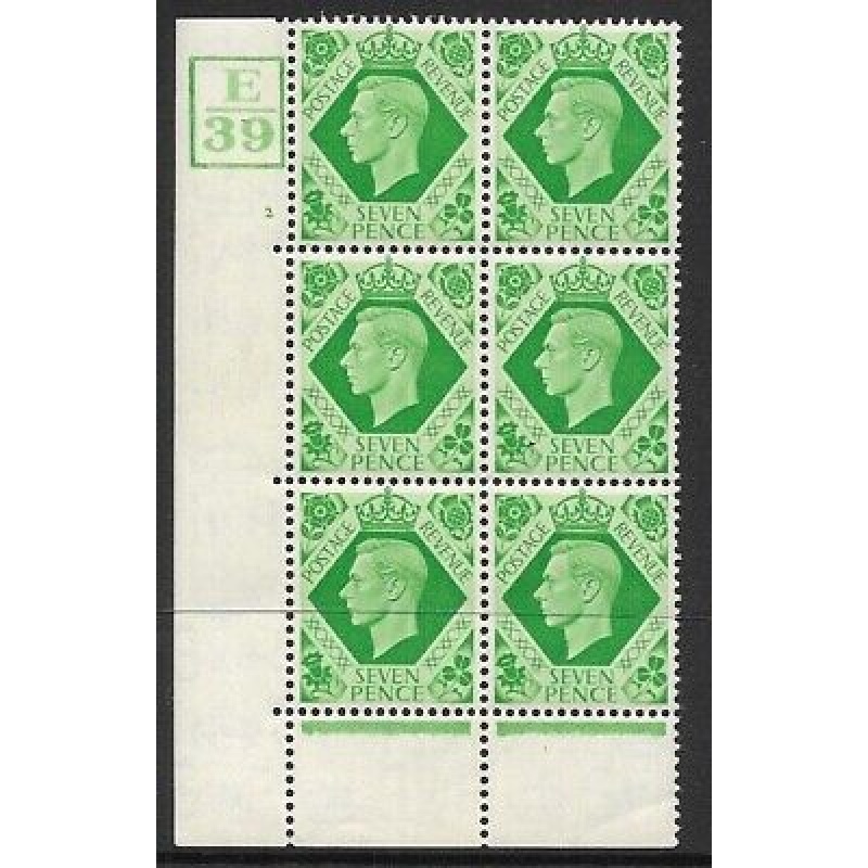 1939 7d Dark colours E39 2 No Dot 4 bar perf 6B(E P) block 6 UNMOUNTED MINT