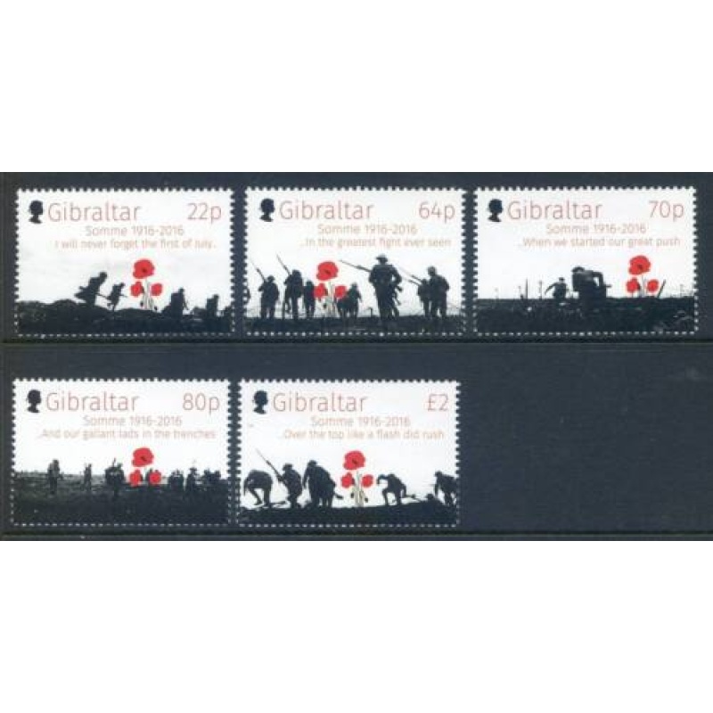 2016 Gibraltar Battle of the Somme Set SG1684 1688 Unmounted Mint