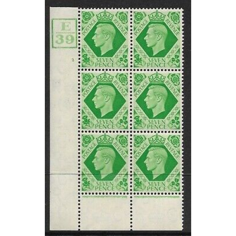 1939 7d Dark colours E39 2 No Dot 4 bar perf 6(I P) block 6 UNMOUNTED MINT