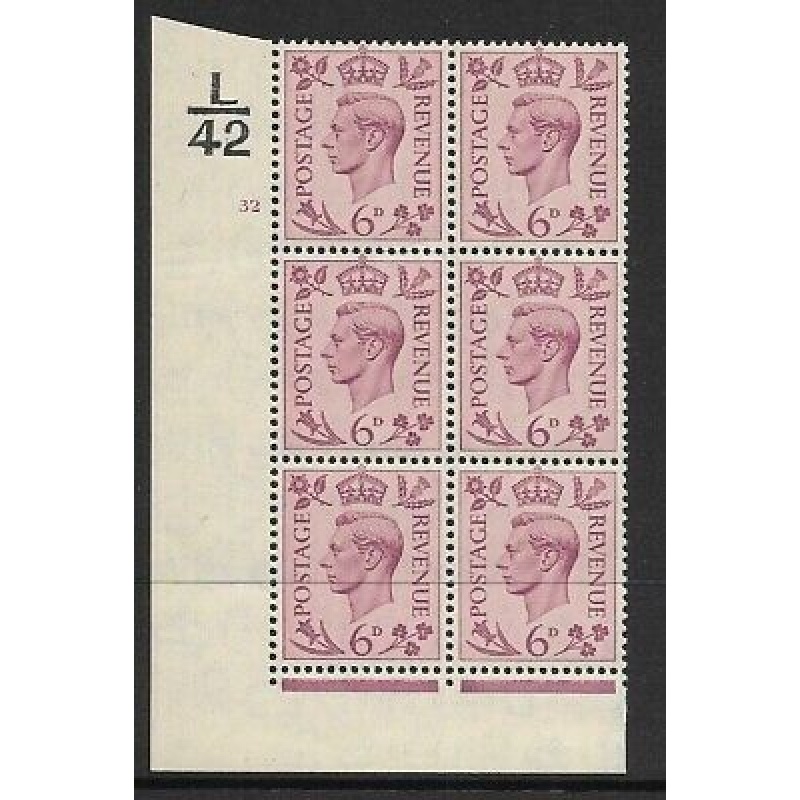 1938 6d Purple Dark colours L42 32 No Dot perf 2(I E) block 6 UNMOUNTED MINT MNH