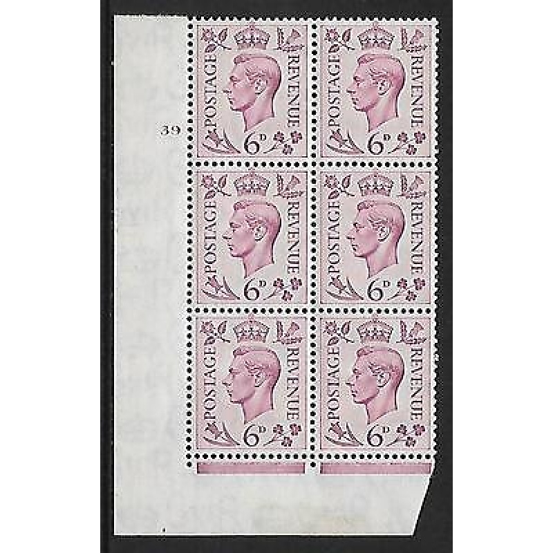 1939 6d Purple Dark colours 39 No Dot perf 2(I E) block 6 UNMOUNTED MINT MNH