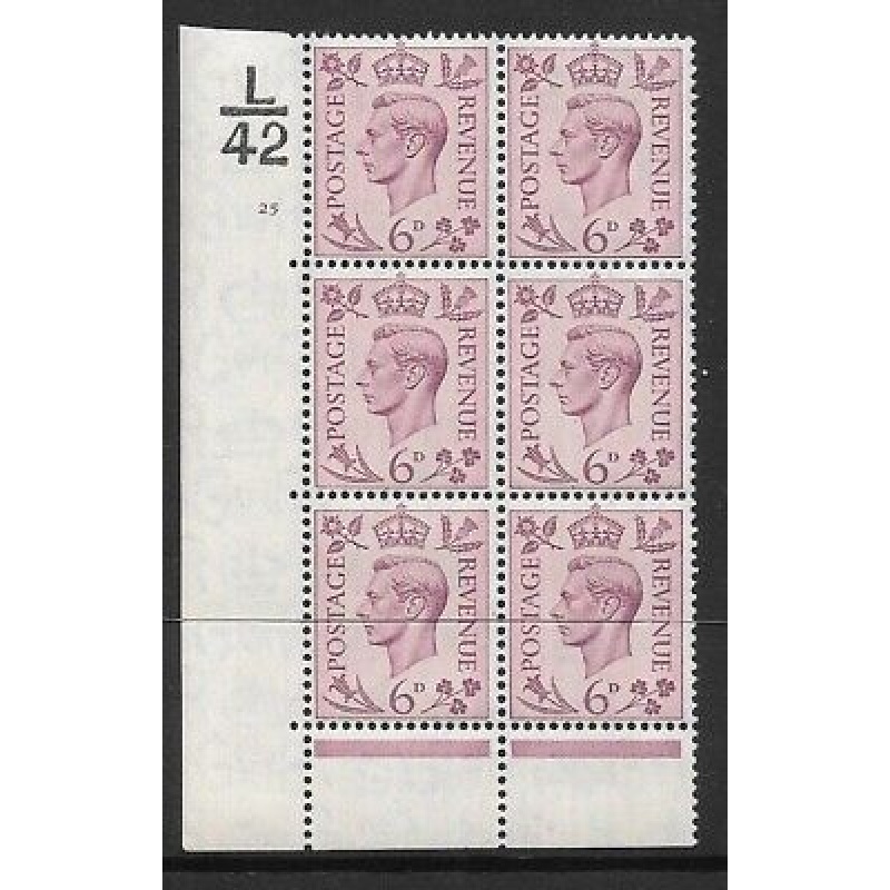 1938 6d Purple Dark colours L42 25 No Dot perf 6B block 6 UNMOUNTED MINT MNH