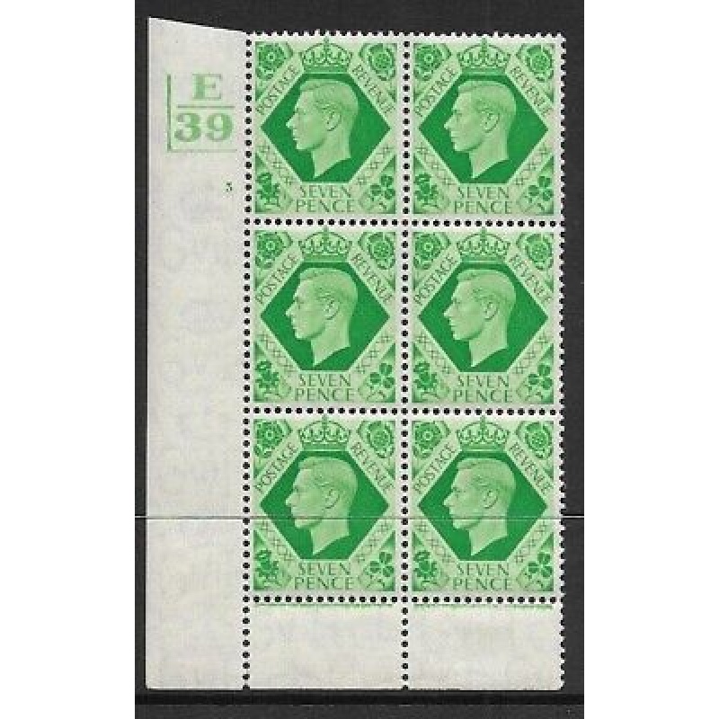 1939 7d Dark colours E39 3 No Dot 2 bar perf 6(I P) block 6 UNMOUNTED MINT