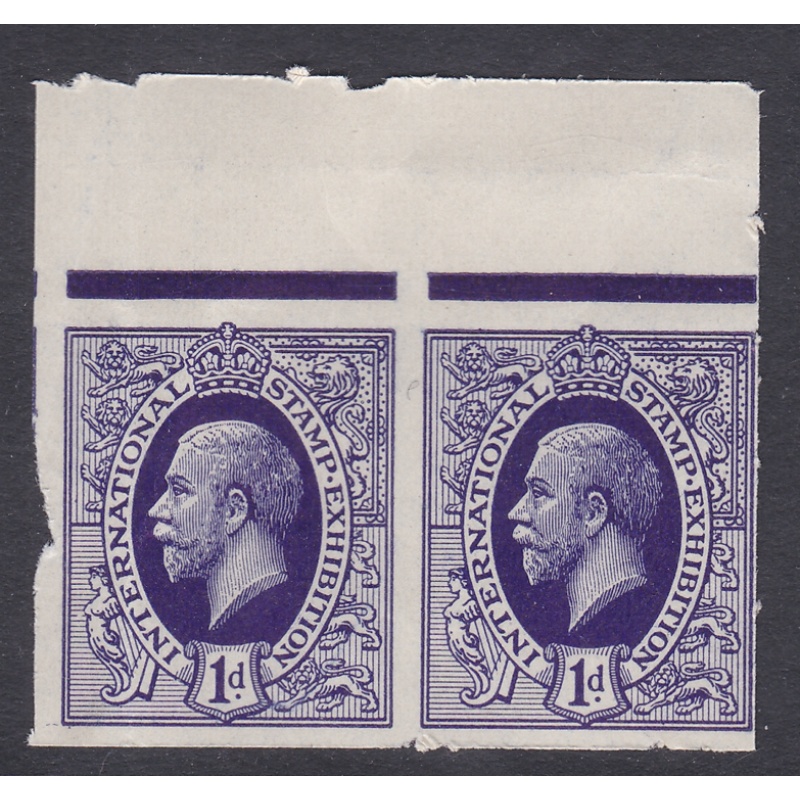 1912 1d George V Purple imperf International Stamp Exhibition marginal pair U M