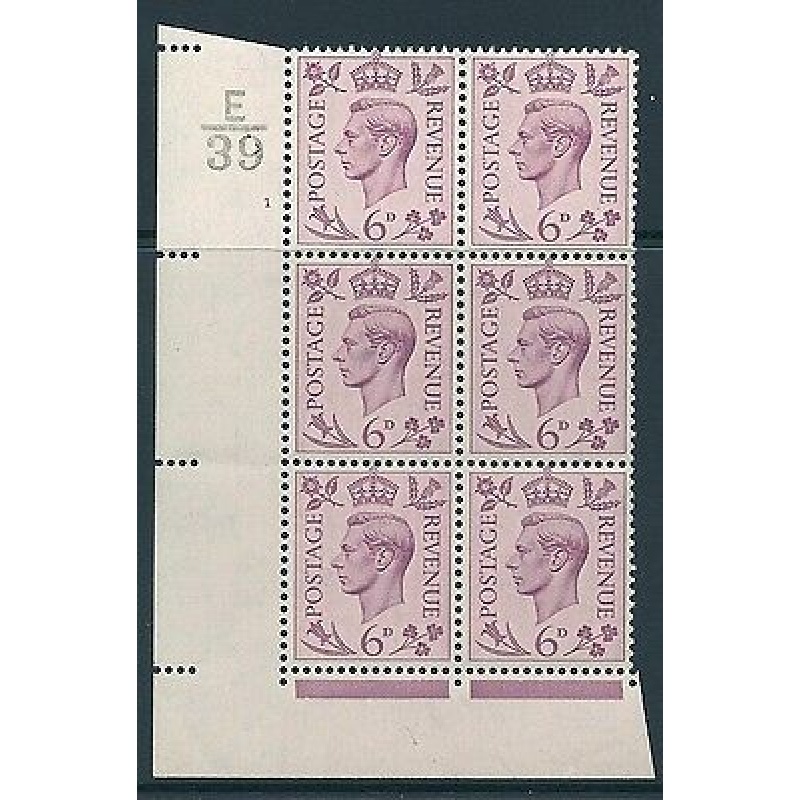 1938 6d Purple Dark colours E39 1 No Dot perf 2(I E) block 6 UNMOUNTED MINT MNH