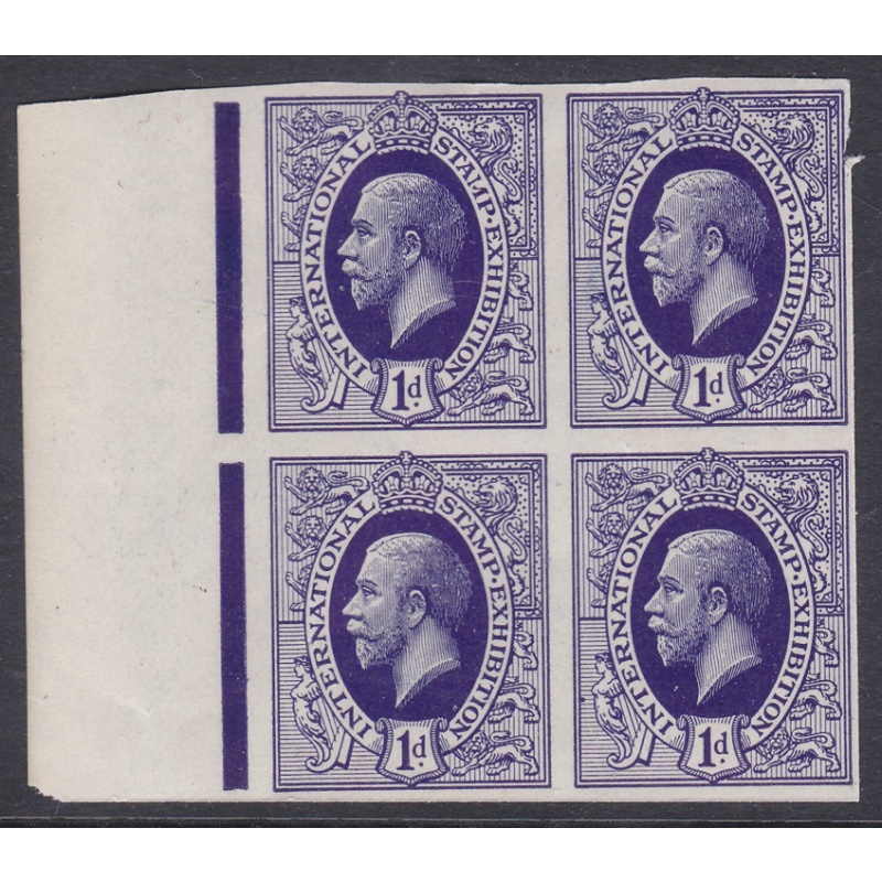 1912 1d George V Purple imperf International Stamp Exhibition LH Blck of 4 U M