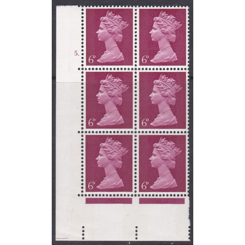 Pre-decimal Machin 6d PVA 2B Head A perf A Cylinder 5 Dot Br. Reddish purple U M