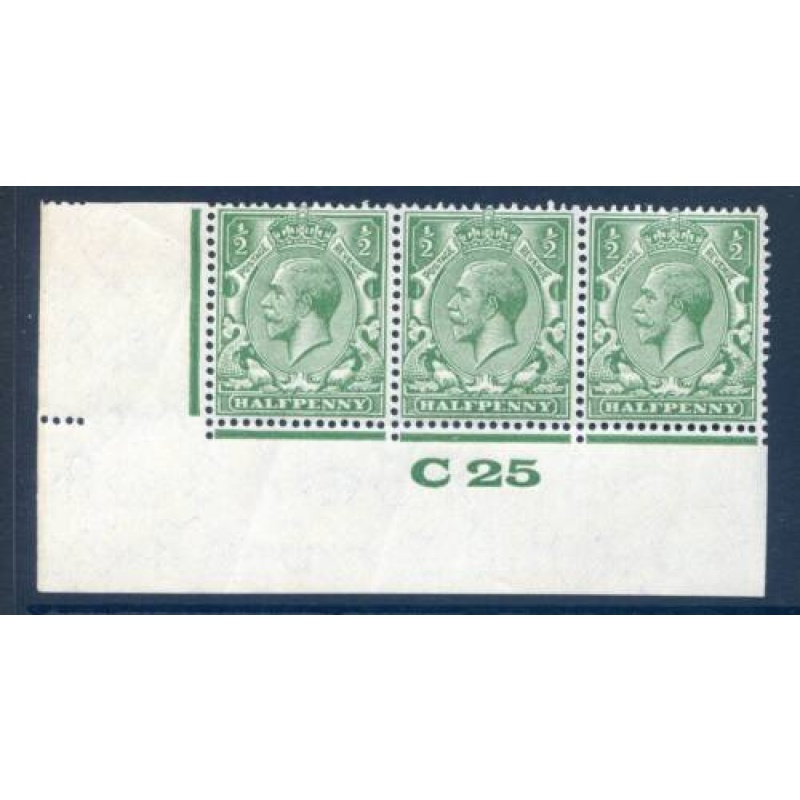 KGV 1 2d Green C25(I) Control Strip 3 Unmounted Mint (Bends)