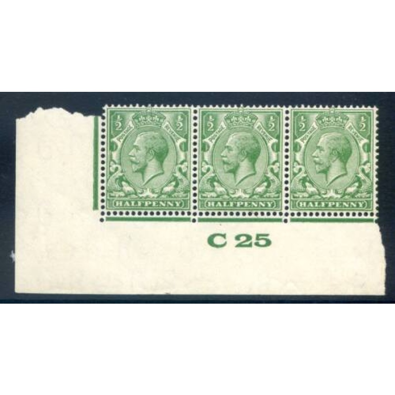 KGV 1 2d Green C25(I) Control Strip 3 Unmounted Mint