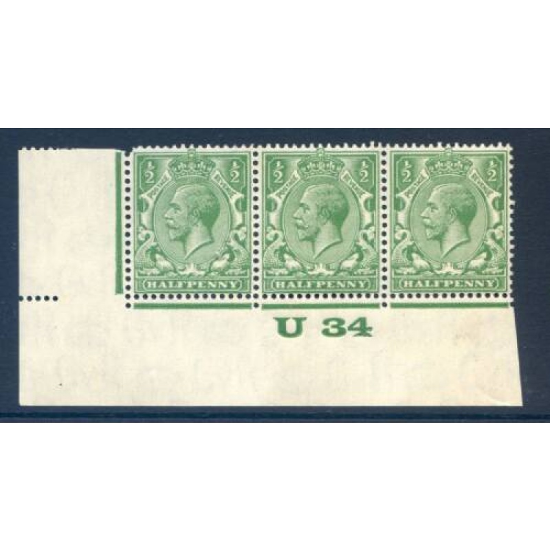 KGV 1 2d Green U34(I) Control Strip 3 Unmounted Mint