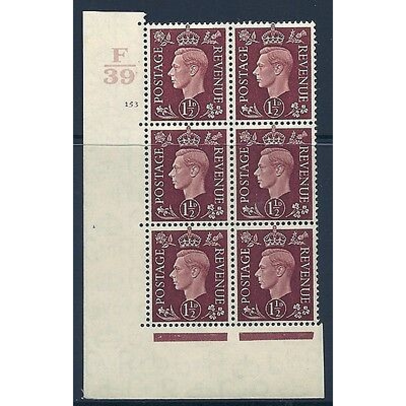 1937 1d Brown Dark colours F39 153 No Dot perf 5(E I) block 6 UNMOUNTED MINT