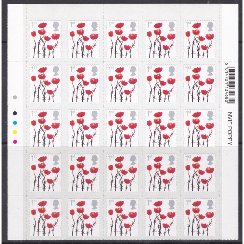 Sg3414 SILVER HEAD VALUE poppys 2 part sheet of 50 stamps self adhesive U M