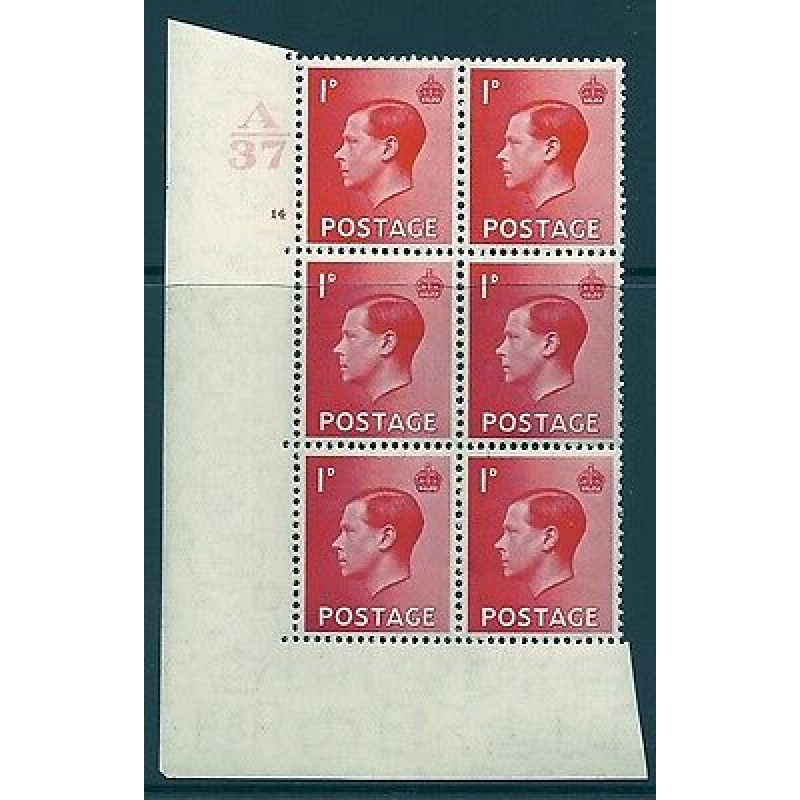 1d Edward VIII A 37 cylinder block - 14 No Dot perf 5 (E I) UNMOUNTED MINT MNH