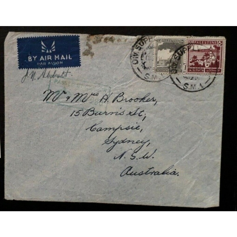 PALESTINE COVER 1940 DIVISIONAL SUPPLY POSTMARK AIRMAIL TO AUSTRALIA