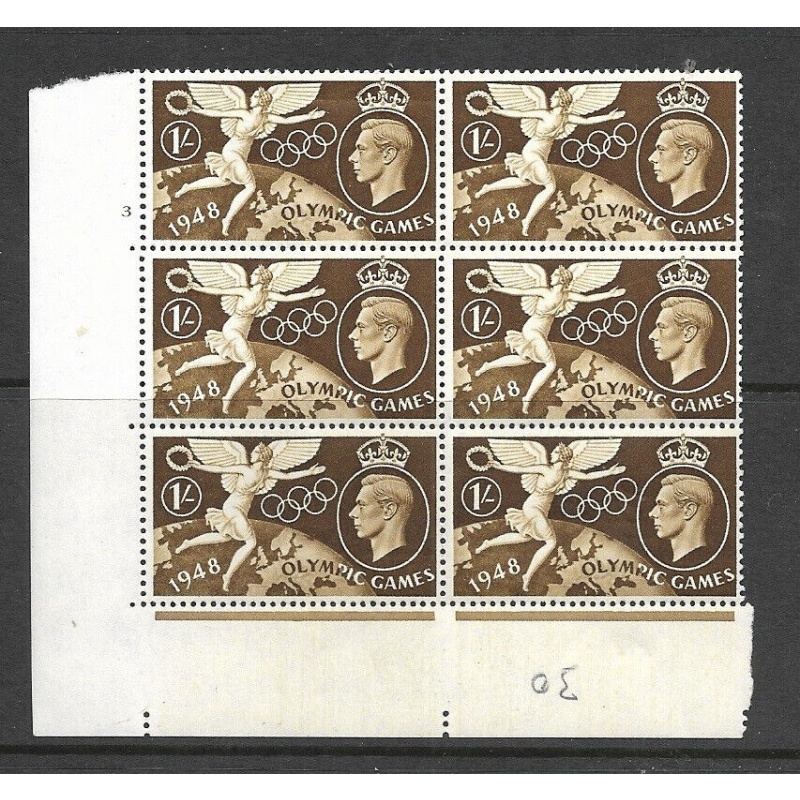 Sg498 1948 1 - Olympic Games cyl 3 No Dot Block of 6 UNMOUNTED MINT