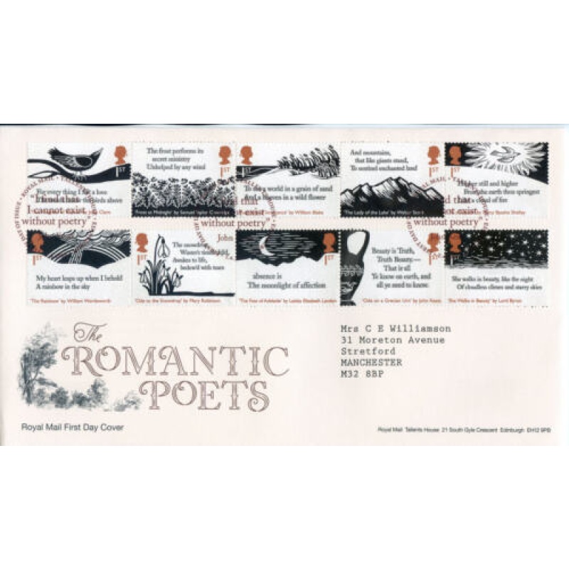 2020 The Romantic Poets First Day Cover Tallents House Cancel