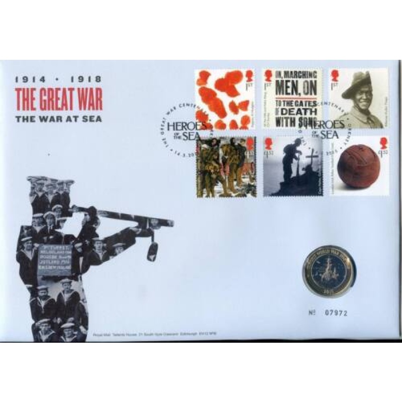 2015 1914-1918 THE GREAT WAR THE WAR AT SEA 2 COIN COVER