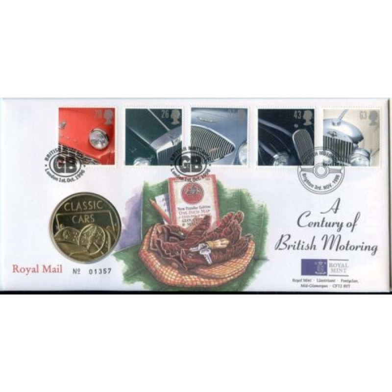 GB QEII PNC 1996 CENTURY OF BRITISH MOTORING COVER AND COIN MEDAL ROYAL MINT