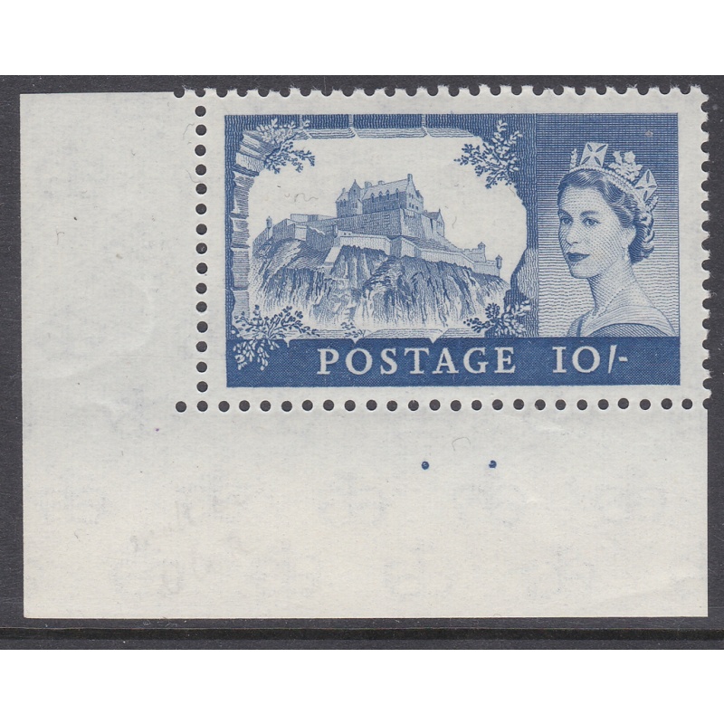 Sg597 T16a De La Rue Castle ultramarine cream paper 2 dots corner margin U M