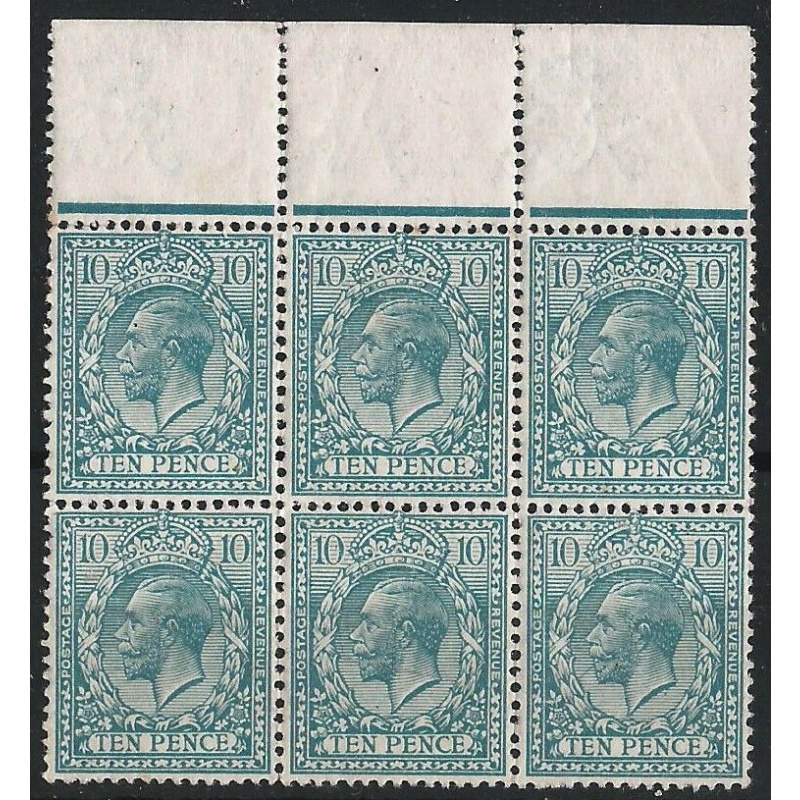 KGV - N31 -2- Sg 394 10d Turquoise Blue marginal blk of 6 MNH