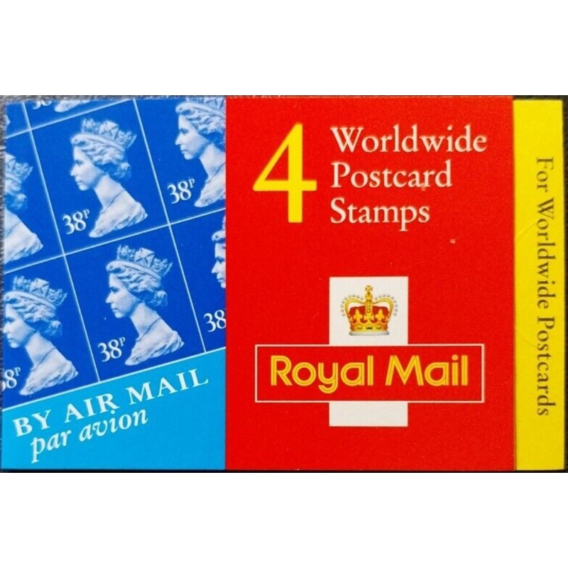 GLA1 Barcode Booklet 4 x 38p Worldwide Postcard stamps - complete  - Cylinder W1