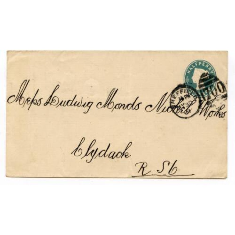 GB 1 2d Blue Green Postal Stationery Envelope Sheffield Clydebank