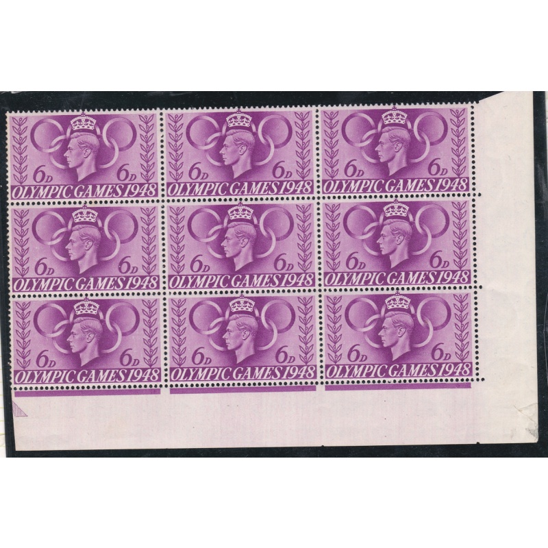 Sg497b 1948 6d Olympic Games with flaw block of 9 UNMOUNTED MINT