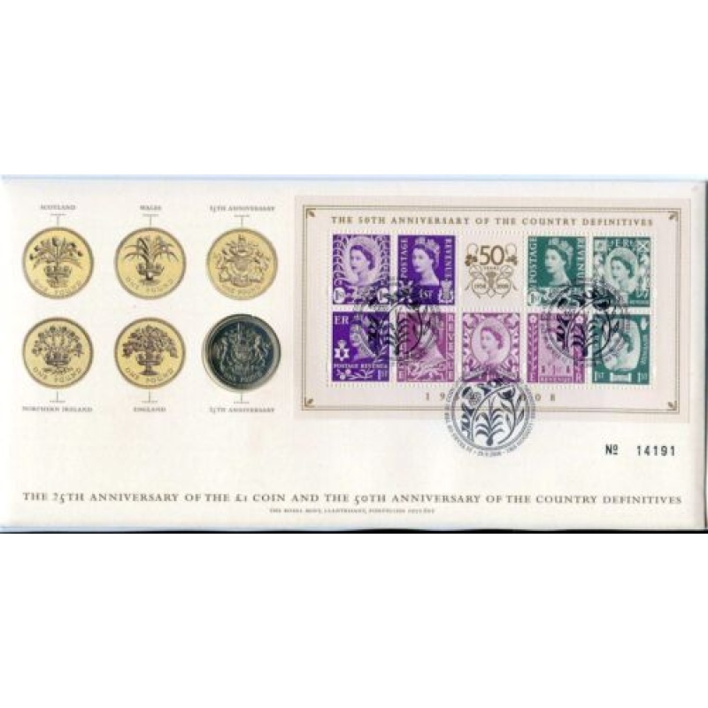 2008 Royal Mint 25th and 50th Anniversary of 1 coin and definitive stamps