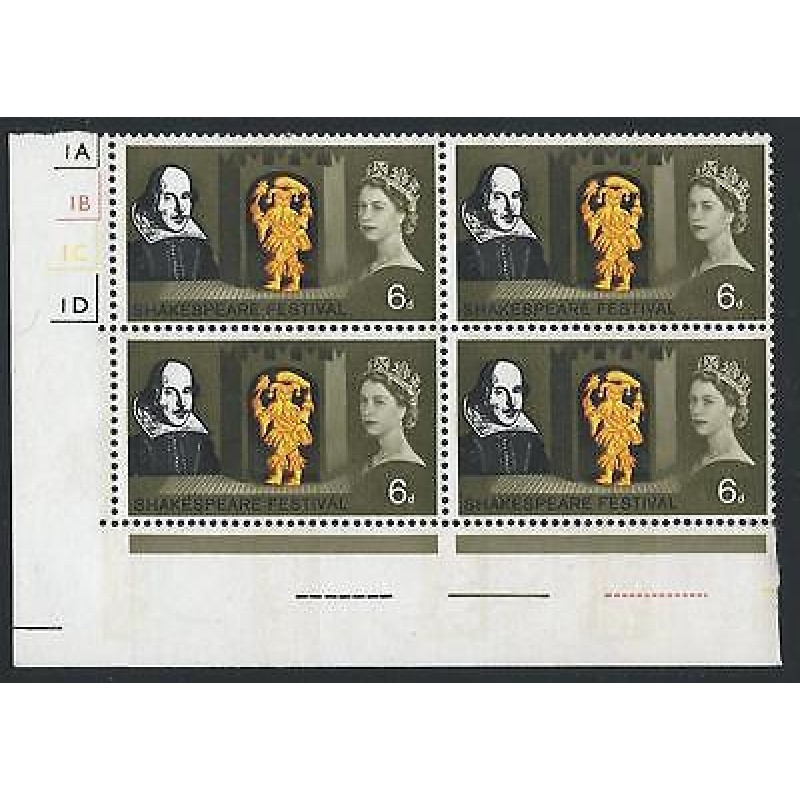 1964 Shakespeare 6d Phos Cyl Block with 2 Listed Flaws + Narrow Bands - MNH