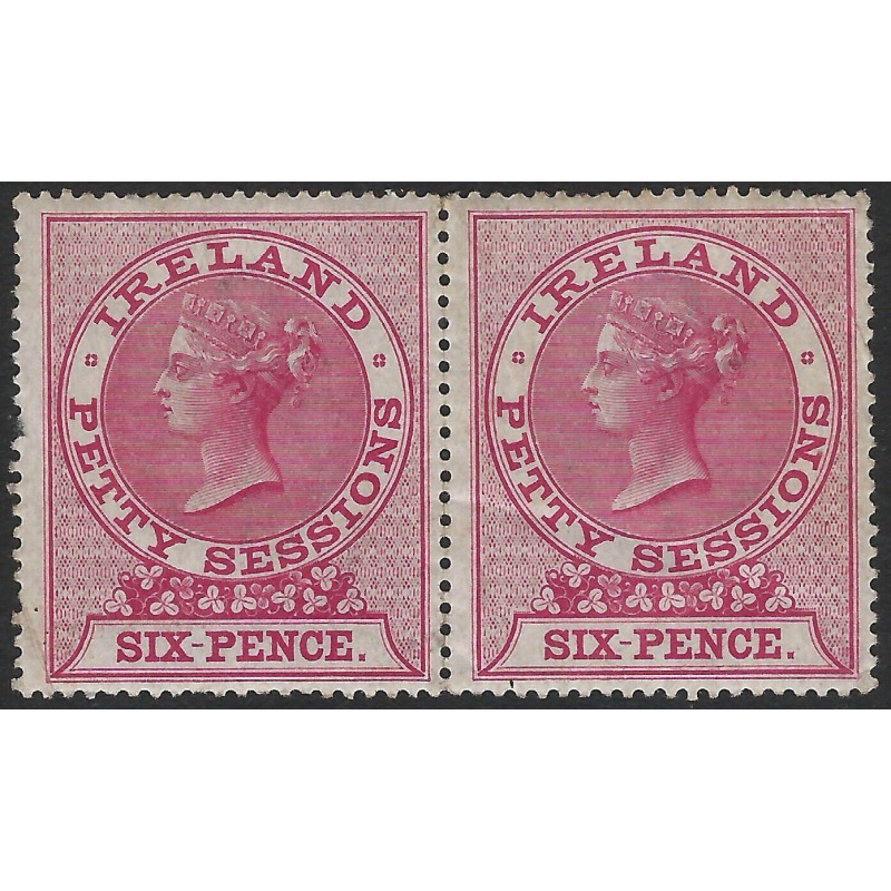 GB IRELAND QV- 6d Carmine-Rose PETTY SESSIONS Revenue Stamps Pair Mint