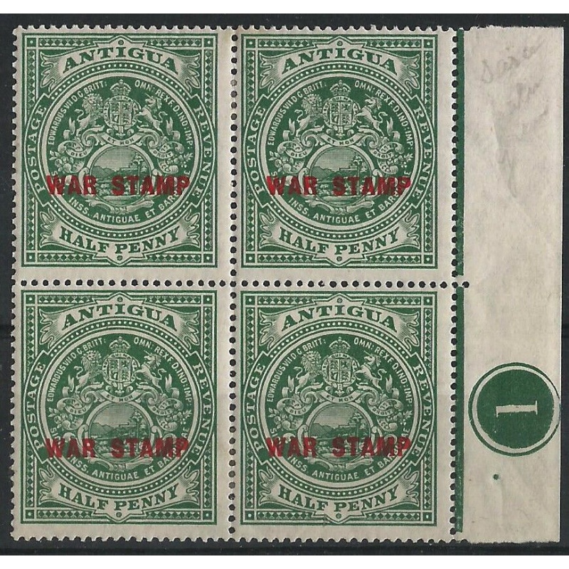 Antigua Sg 53 - d. green 1916 War Tax Bkl x 4 Plate 1 MM