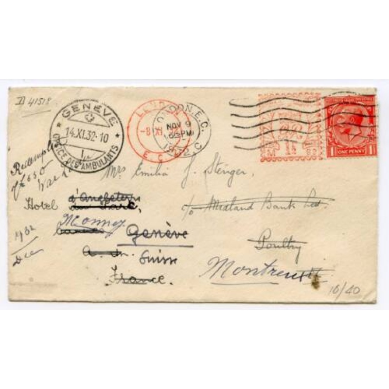 GB 1932 2 2d Envelope London France Switzerland Redirected